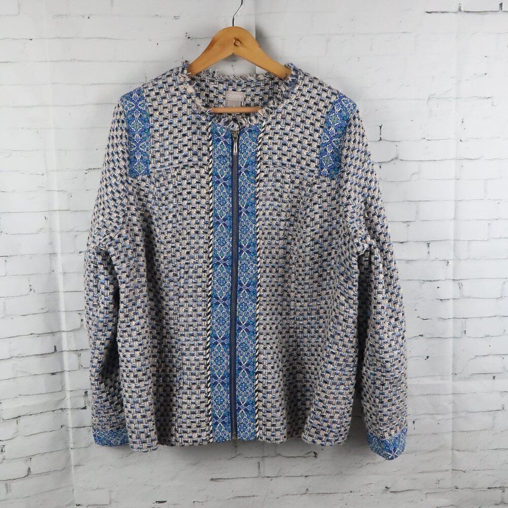 CHICO'S BLUE TWEED WITH PAISLEY DETAIL CROPPED ZIP UP JACKET LINED SIZE 16/18
